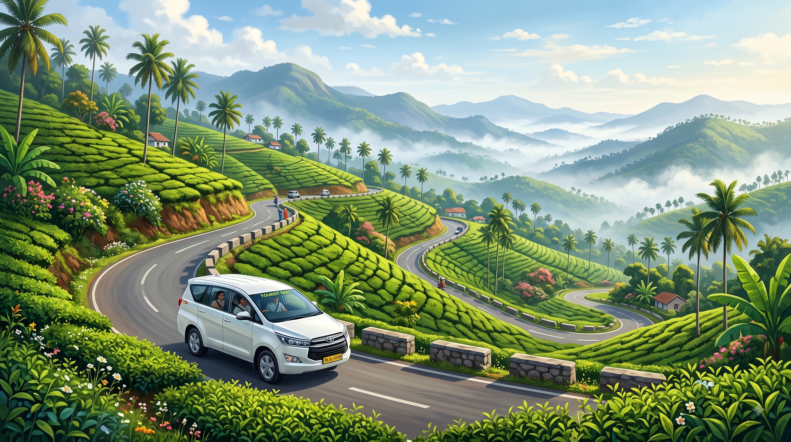 Cab travelling through tea hills on a South India tour